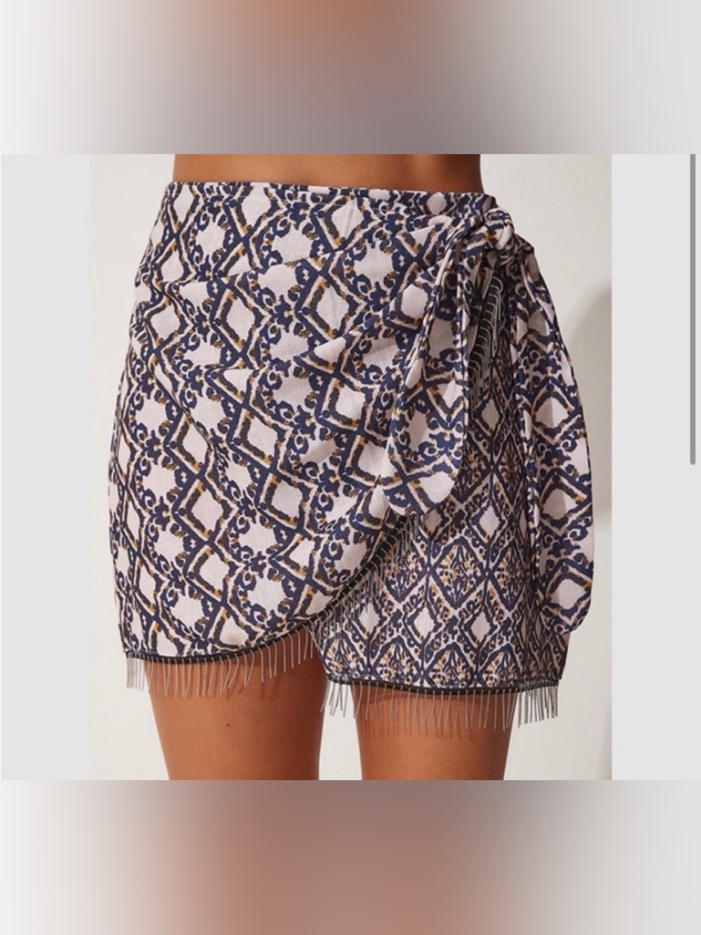 Zara Cream Printed Mini Skirt with Navy & Gold Accents